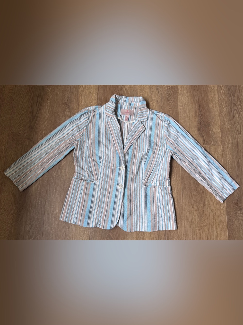 Laurie Felt Linen Blend Striped Blazer Jacket Sz 4 Blue Tan White Casual Preppy